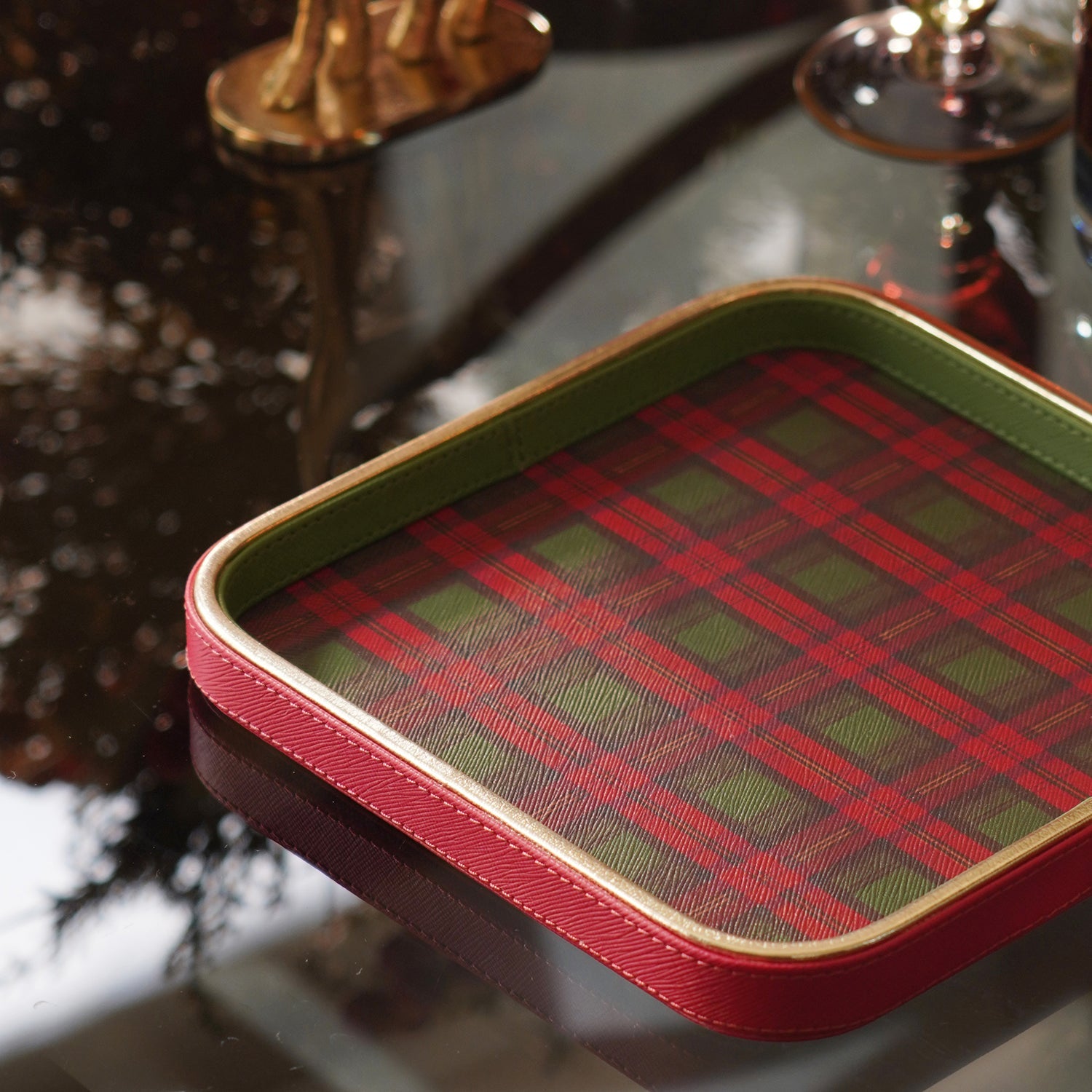 Red Green Plaid Faux Leather Square Platter - Small