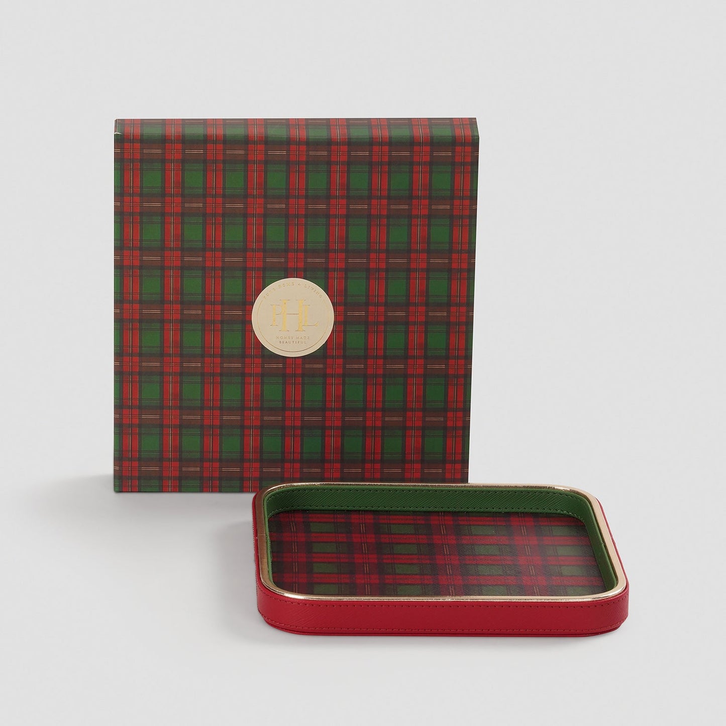 Red Green Plaid Faux Leather Square Platter - Small