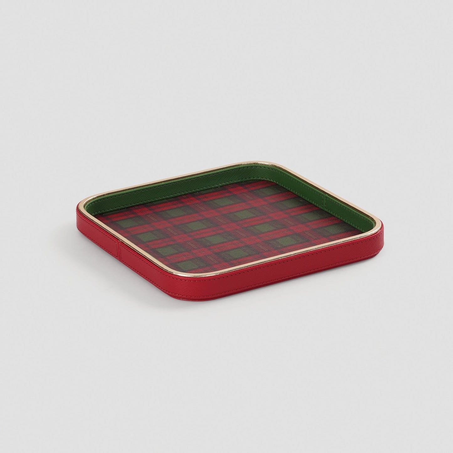 Red Green Plaid Faux Leather Square Platter - Small