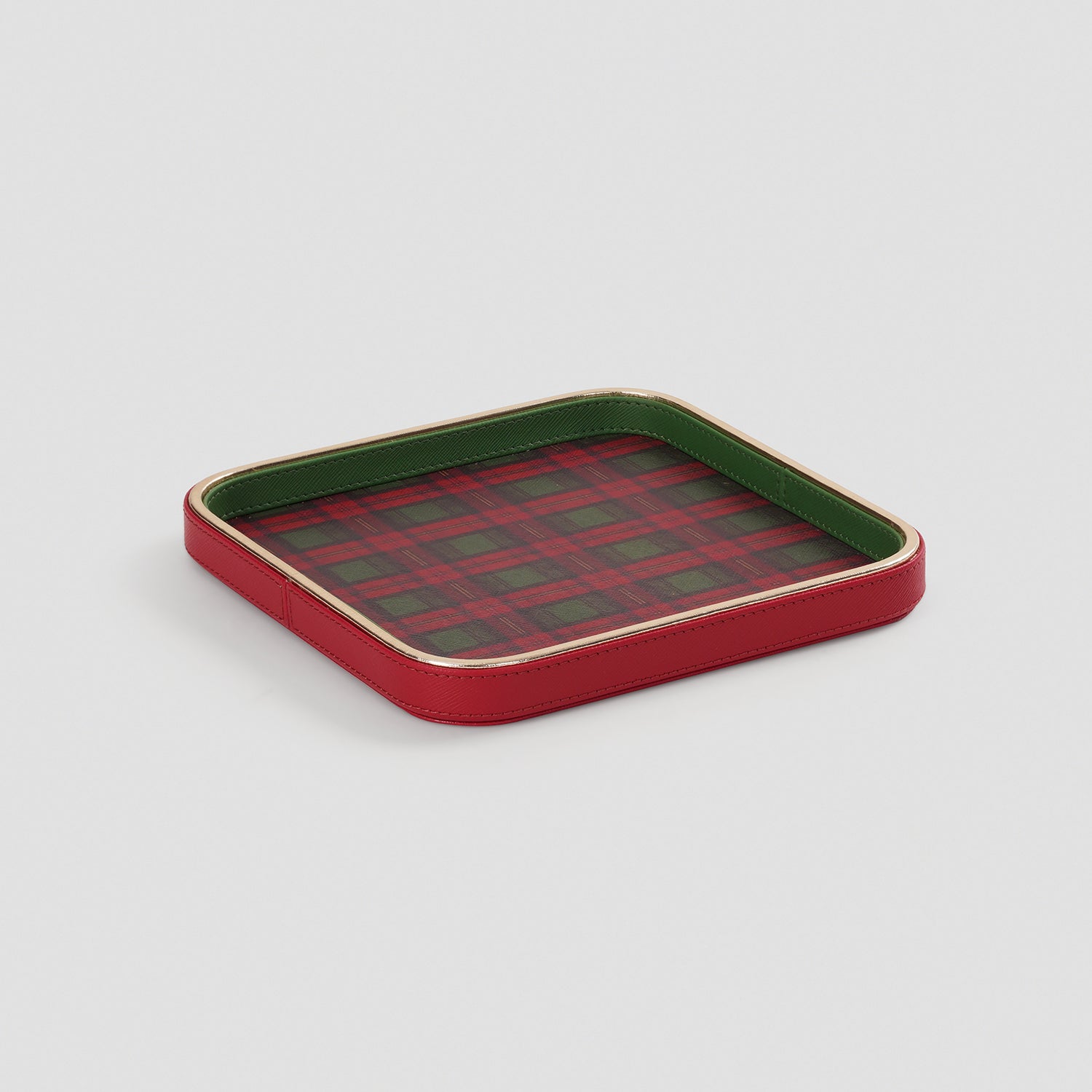 Red Green Plaid Faux Leather Square Platter - Small