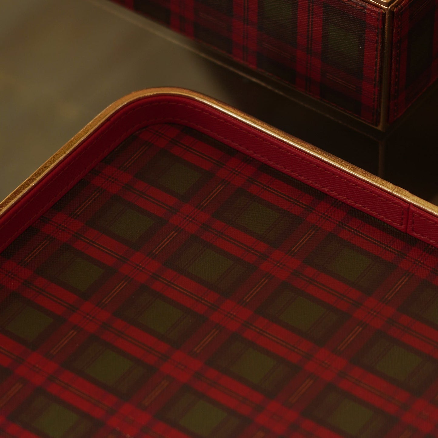 Red Green Plaid Faux Leather Square Platter - Large
