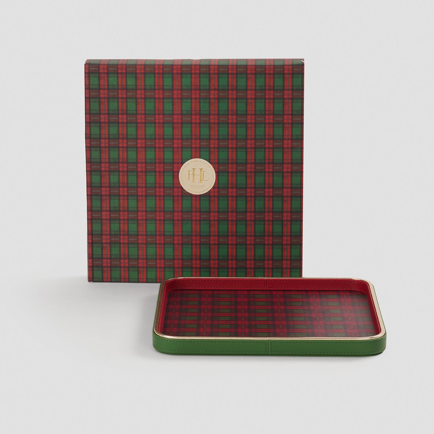Red Green Plaid Faux Leather Square Platter - Large