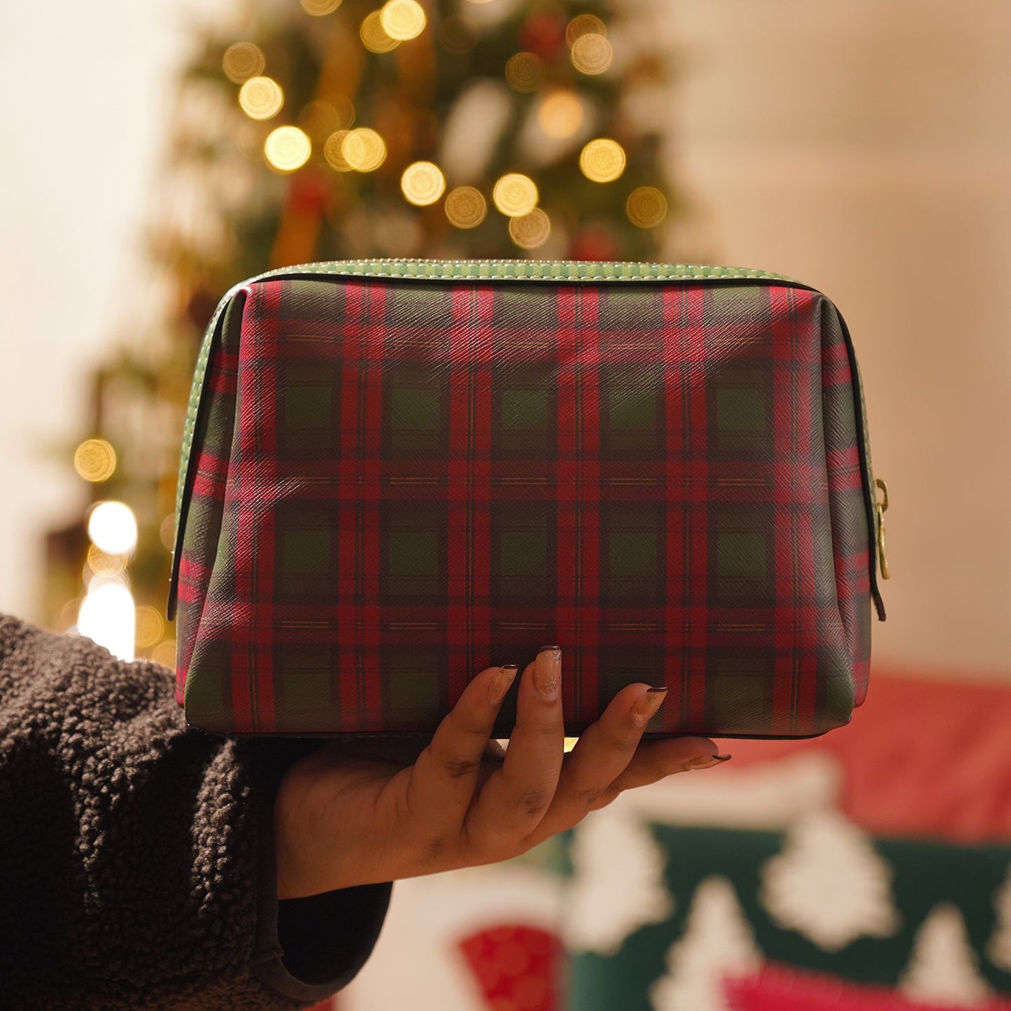 Red Green Plaid Faux Leather Vanity Pouch - Large
