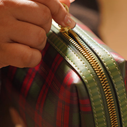 Red Green Plaid Faux Leather Vanity Pouch - Large