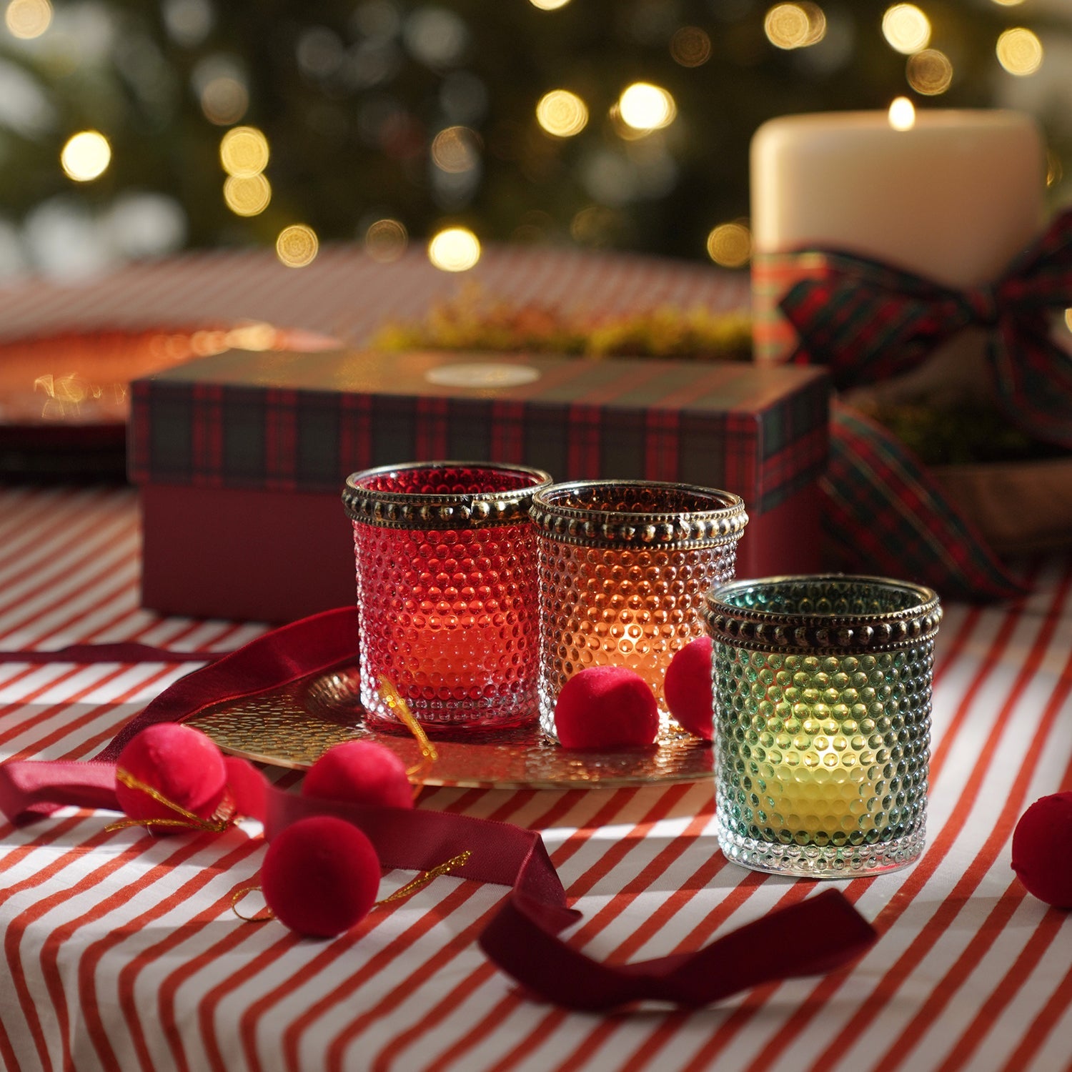 Set Of 3 Green Red Amber Textured Glass Tealight Holders