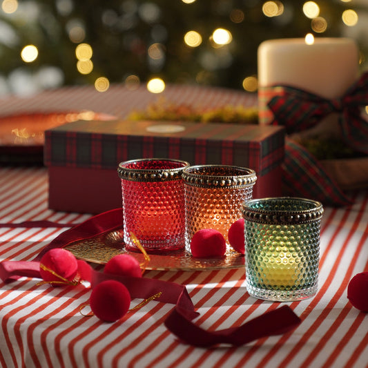 Set Of 3 Green Red Amber Textured Glass Tealight Holders