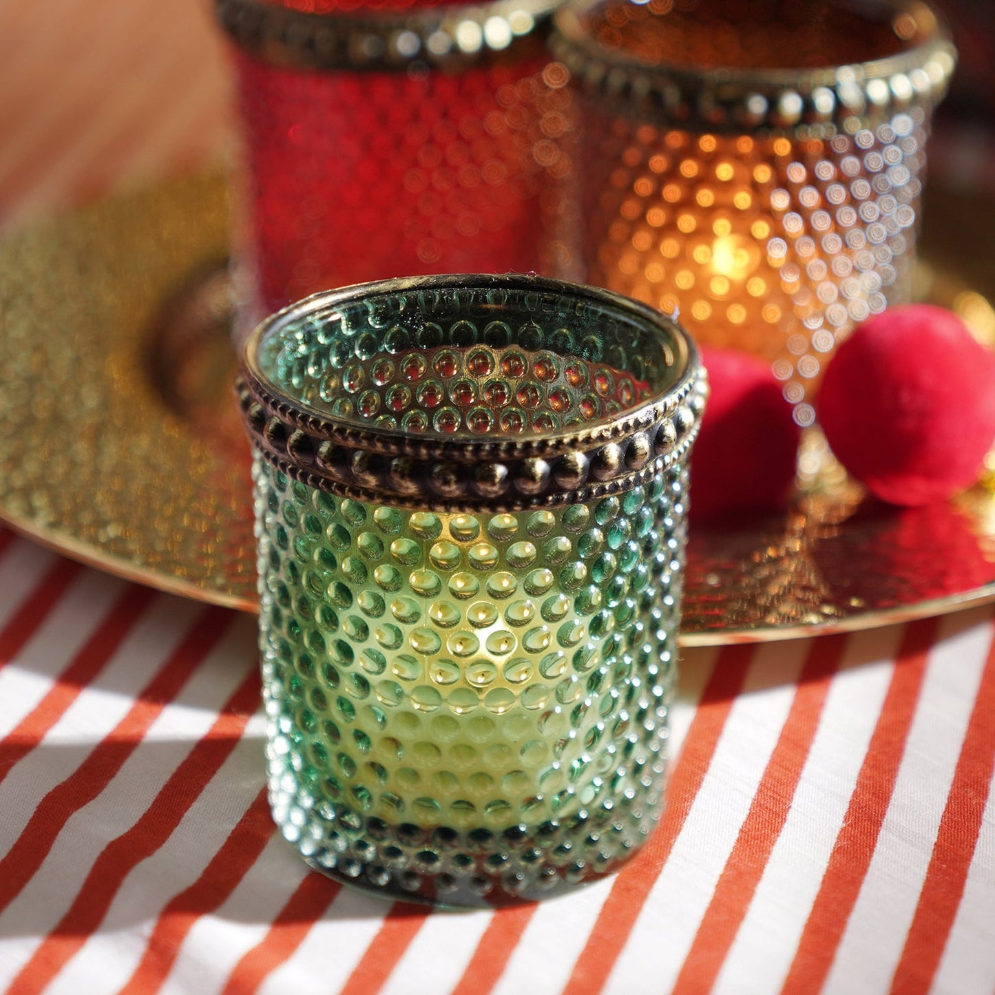 Set Of 3 Green Red Amber Textured Glass Tealight Holders