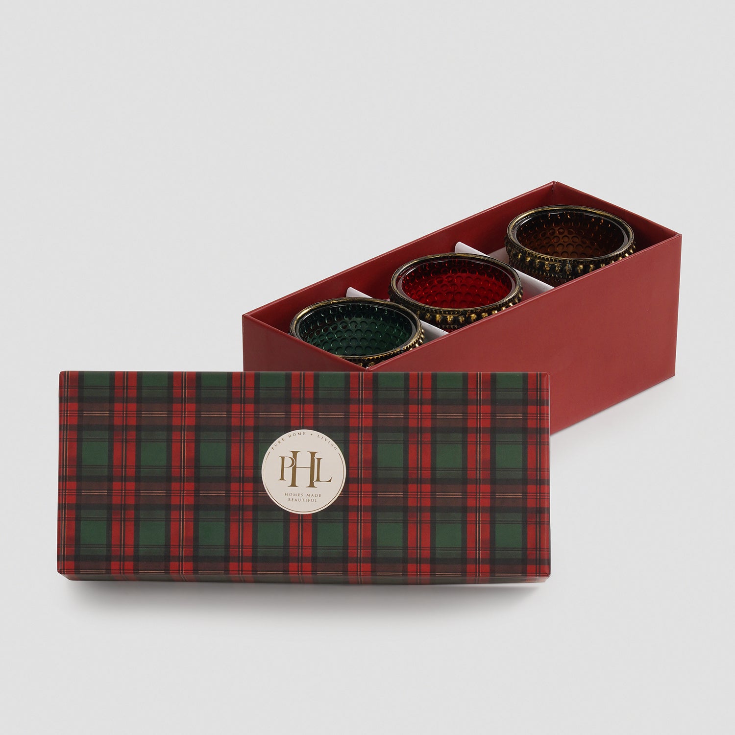 Set Of 3 Green Red Amber Textured Glass Tealight Holders