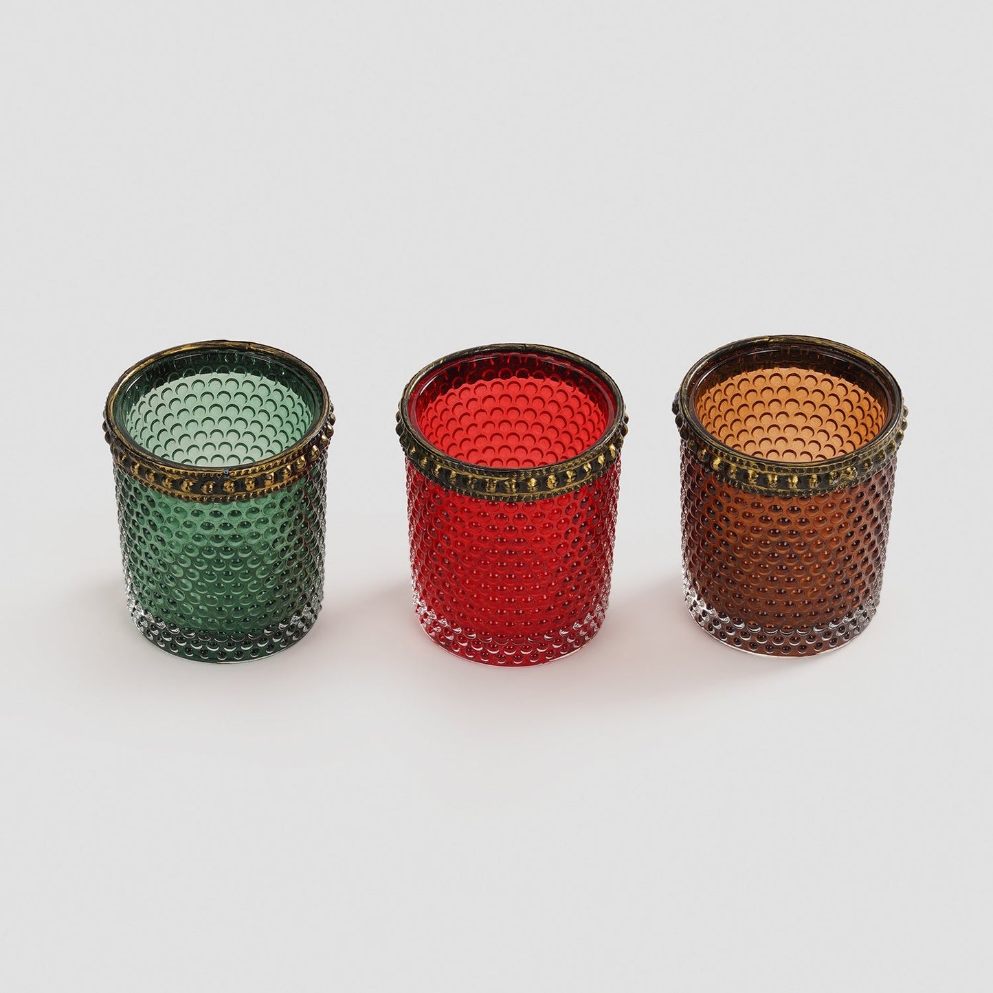 Set Of 3 Green Red Amber Textured Glass Tealight Holders