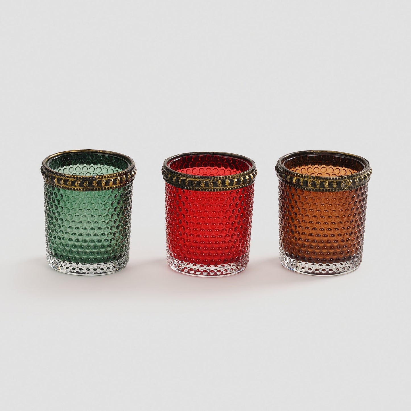 Set Of 3 Green Red Amber Textured Glass Tealight Holders