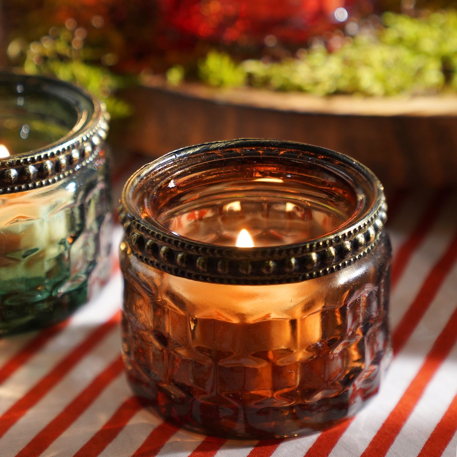 Set Of 3 Green Red Amber Honeycomb Textured Glass Tealight Holders