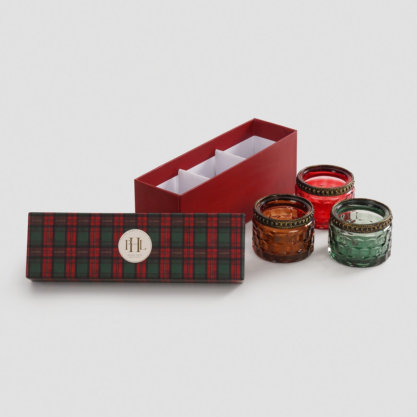 Set Of 3 Green Red Amber Honeycomb Textured Glass Tealight Holders