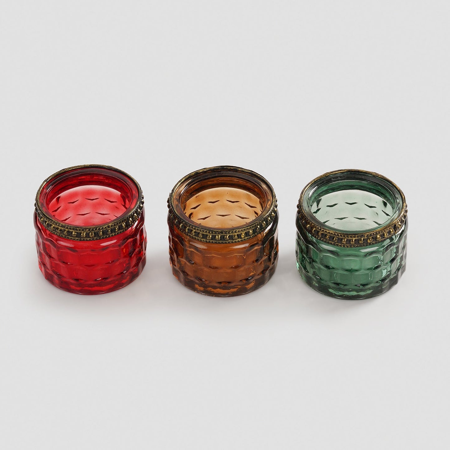 Set Of 3 Green Red Amber Honeycomb Textured Glass Tealight Holders