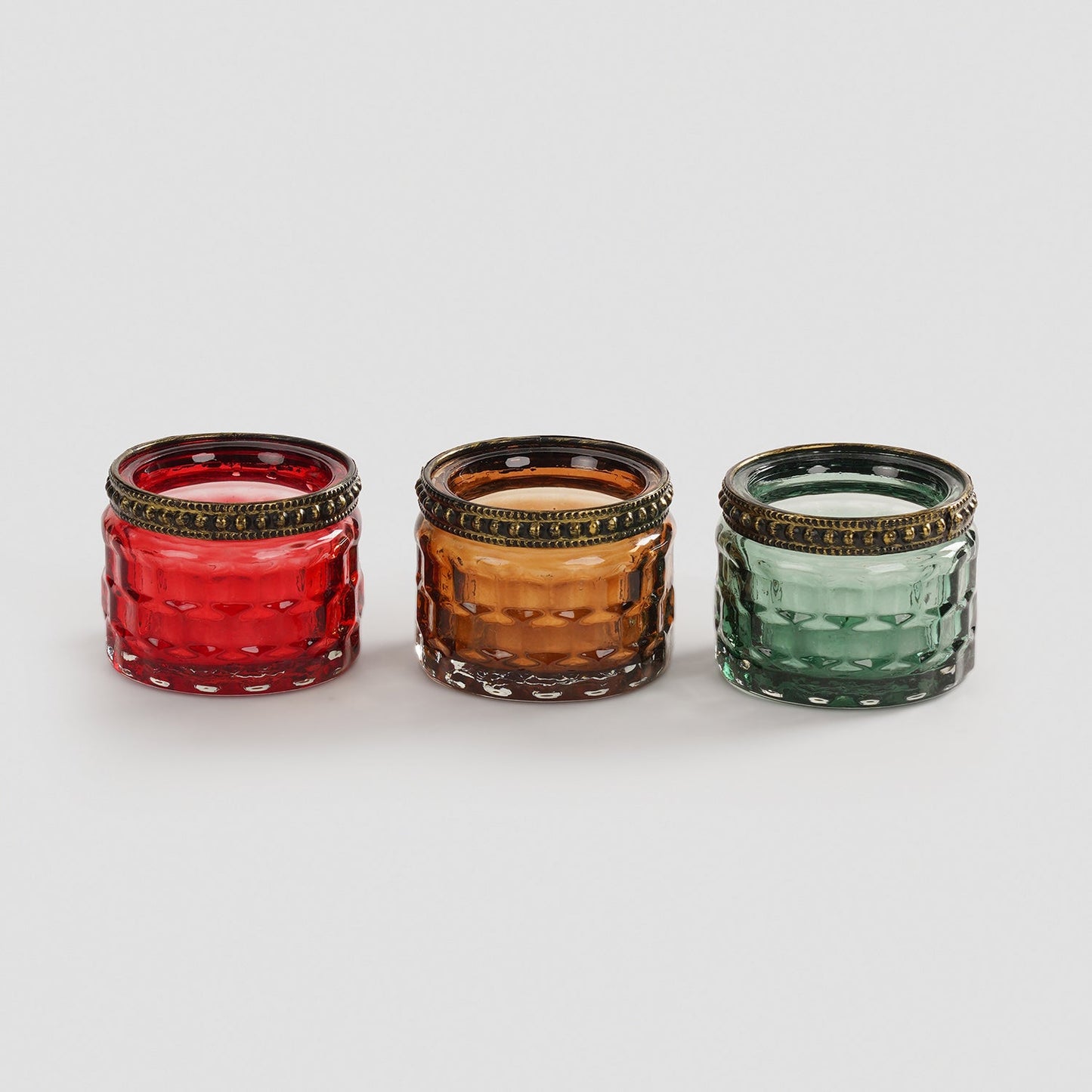 Set Of 3 Green Red Amber Honeycomb Textured Glass Tealight Holders