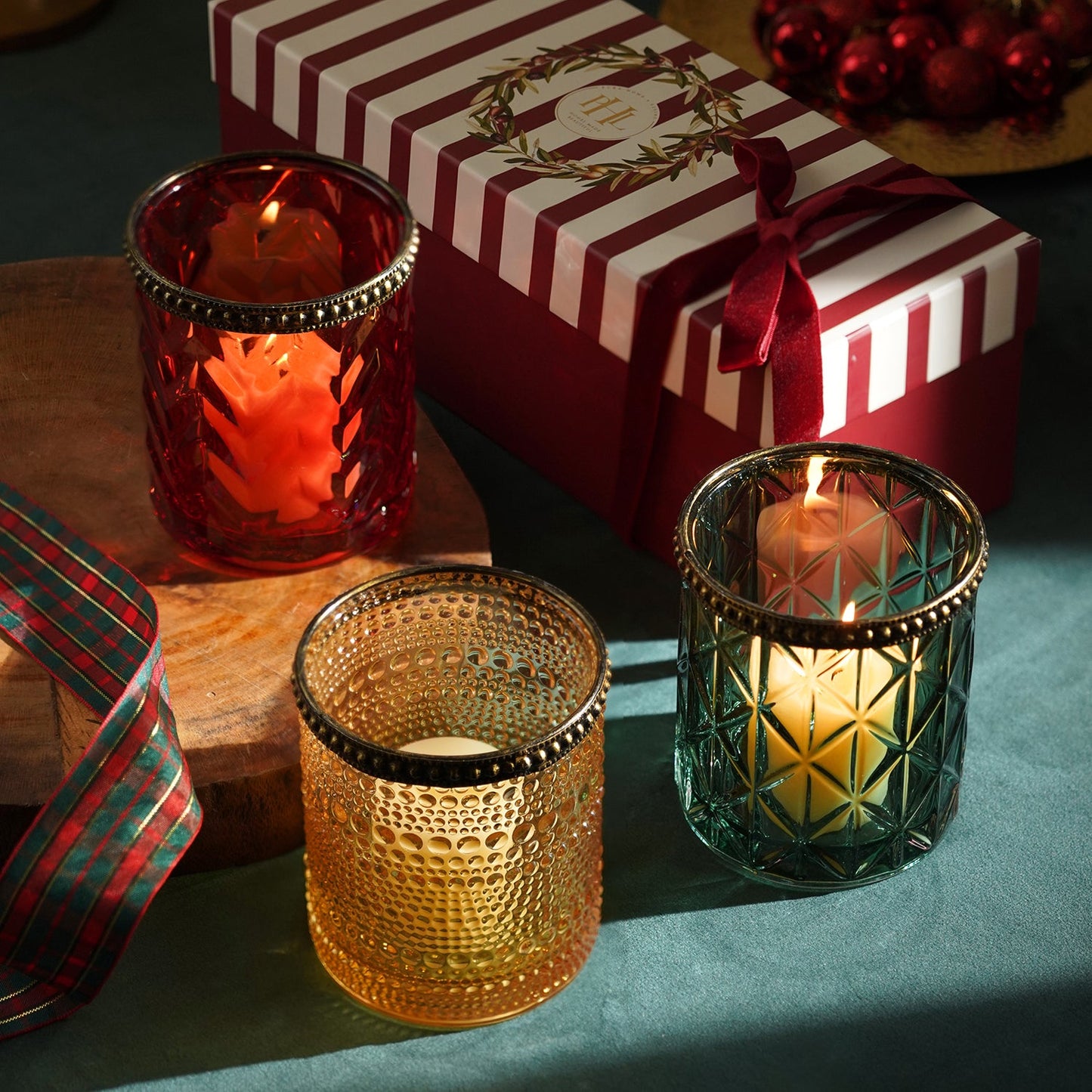 Set Of 3 Green Red Amber Multi Textured Glass Tealight Holders