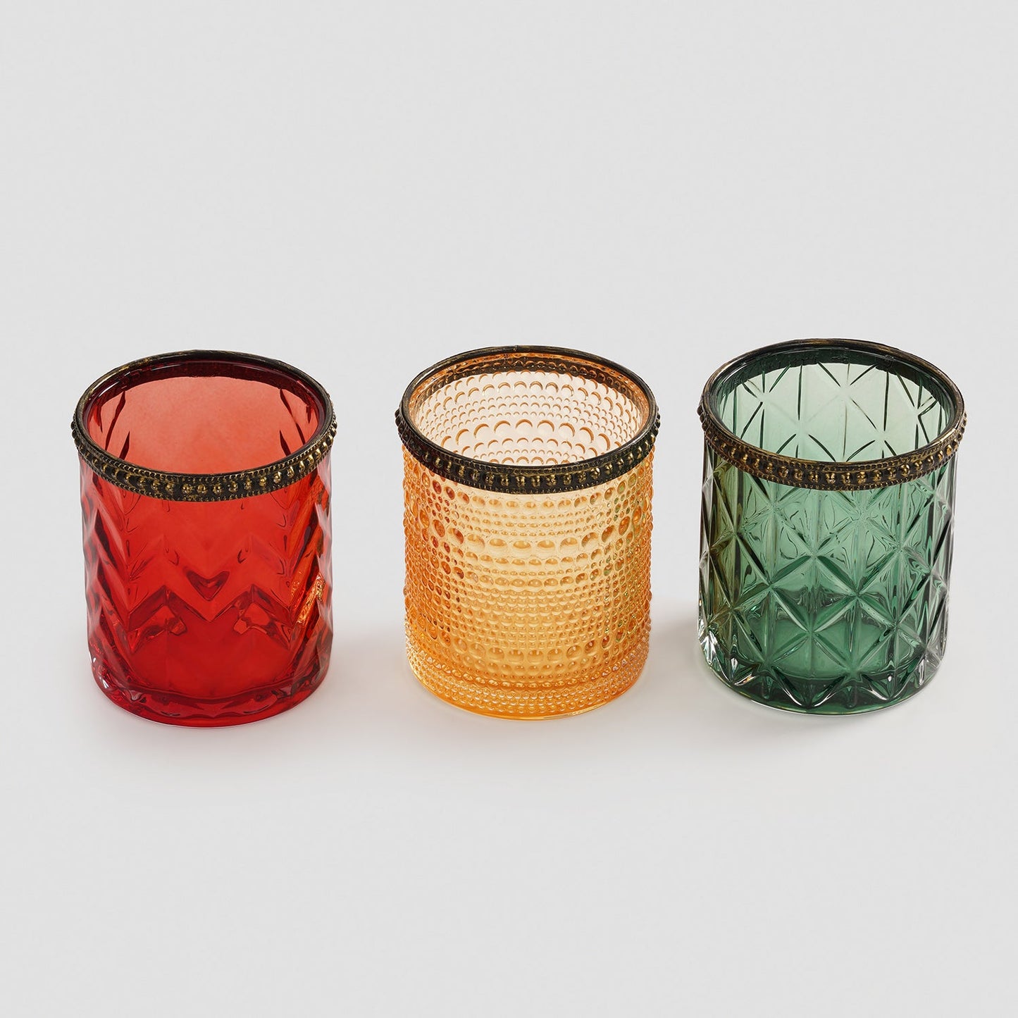 Set Of 3 Green Red Amber Multi Textured Glass Tealight Holders