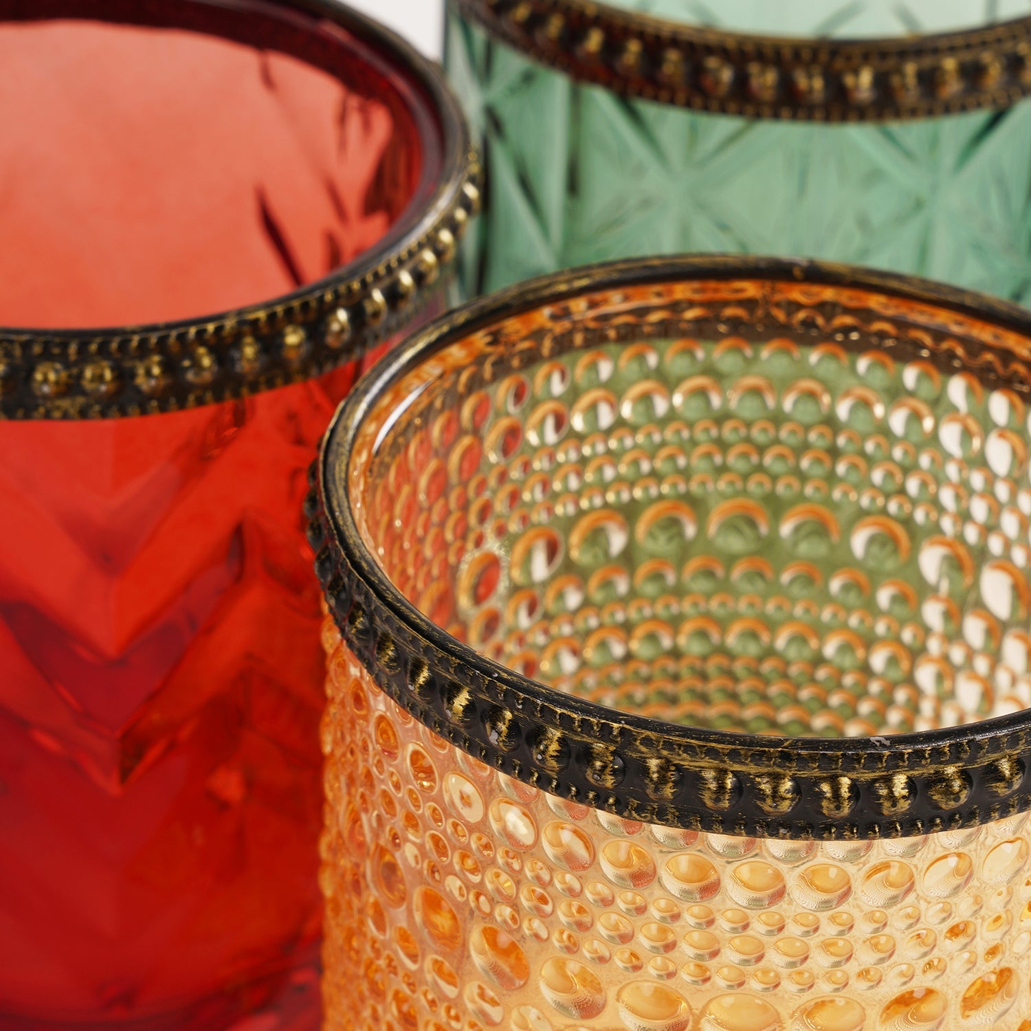 Set Of 3 Green Red Amber Multi Textured Glass Tealight Holders