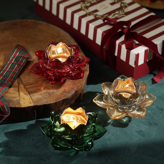 Set Of 3 Green Red Amber Lotus Shaped Glass Tealight Holders