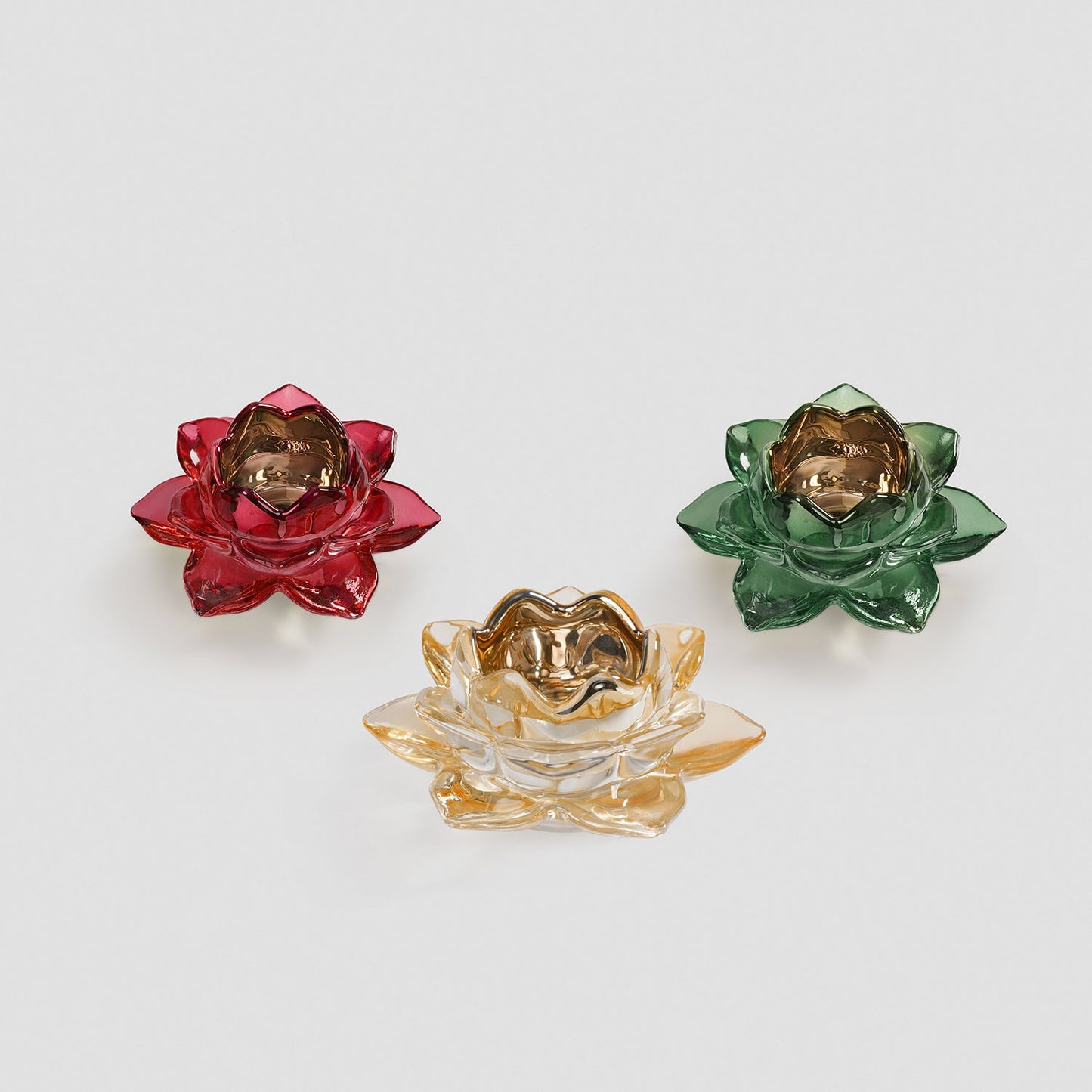 Set Of 3 Green Red Amber Lotus Shaped Glass Tealight Holders