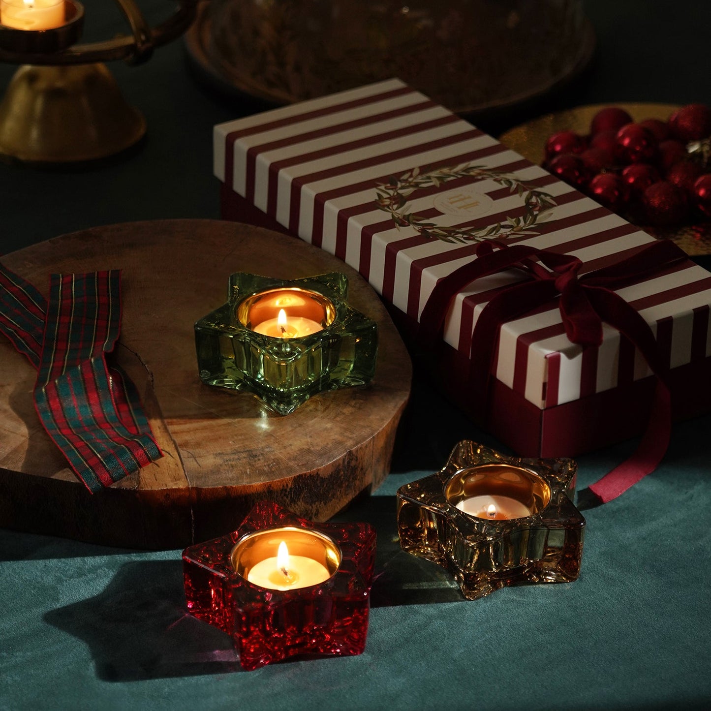 Set Of 3 Green Red Amber Star Shaped Glass Tealight Holders