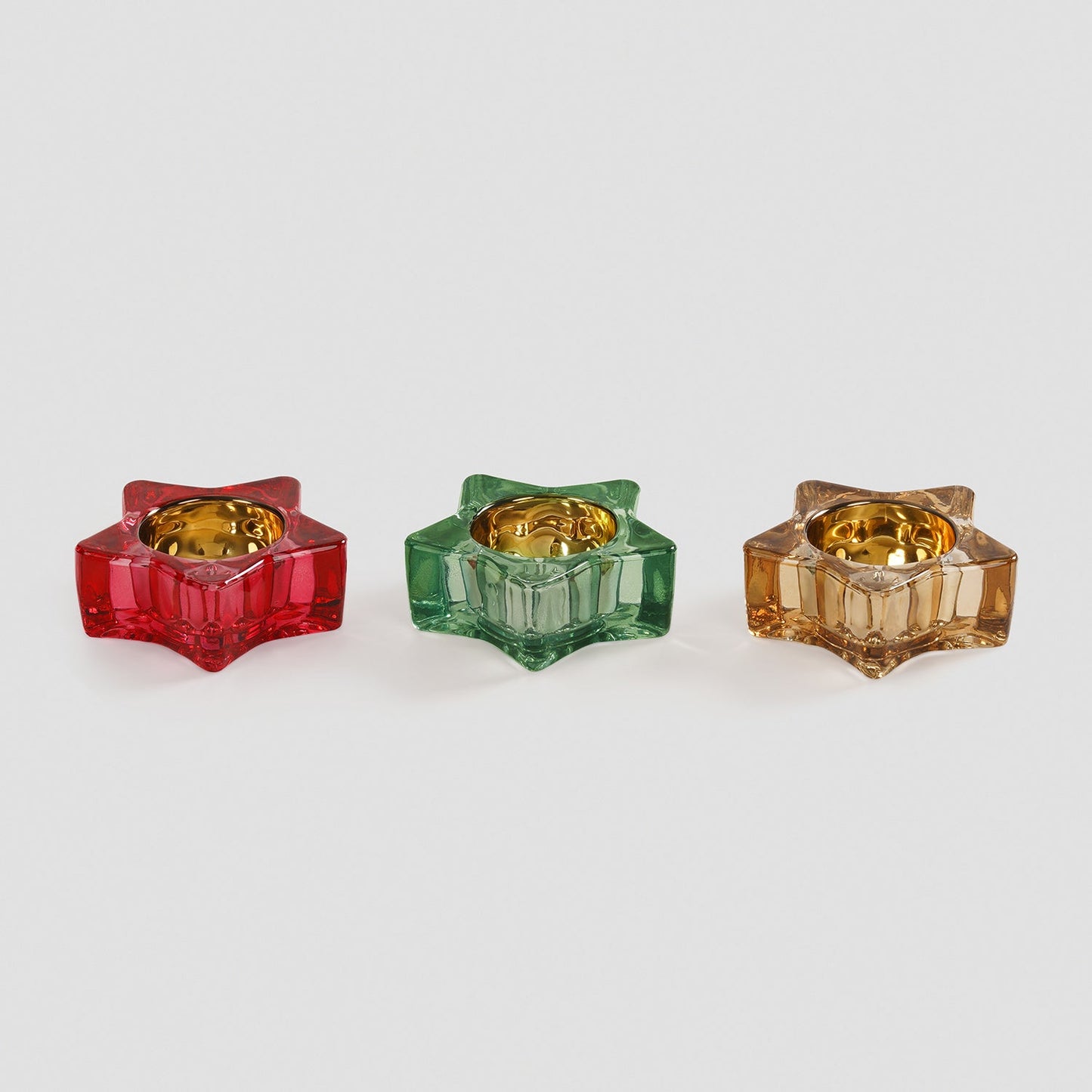 Set Of 3 Green Red Amber Star Shaped Glass Tealight Holders