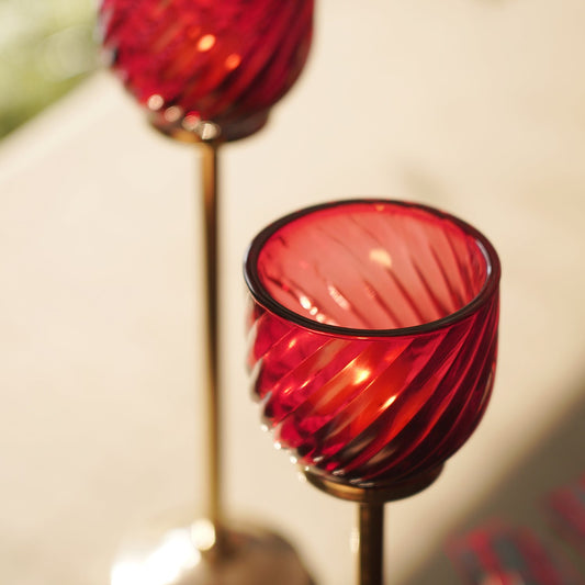 Set Of 2 Red Textured Glass Stem Candle Holders