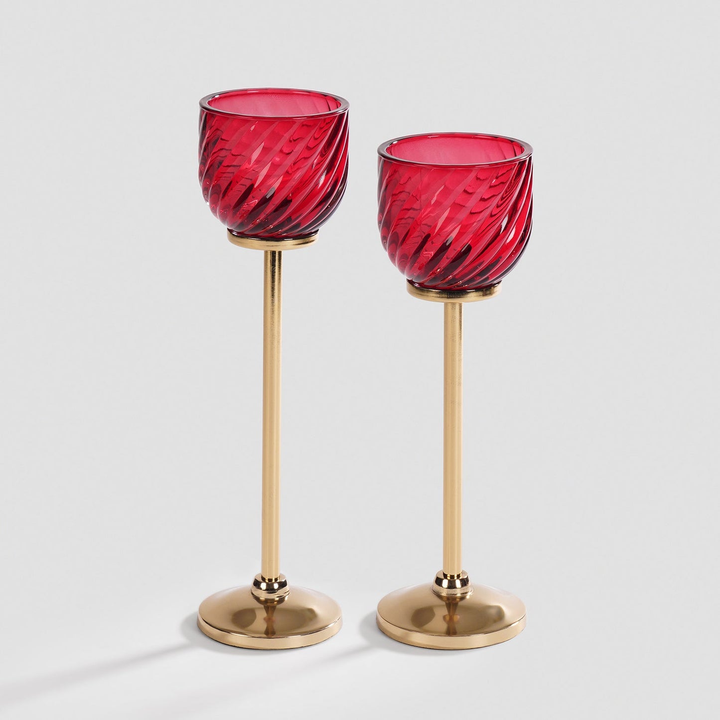 Set Of 2 Red Textured Glass Stem Candle Holders