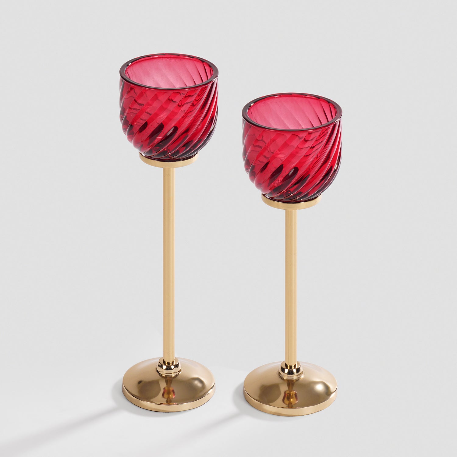 Set Of 2 Red Textured Glass Stem Candle Holders