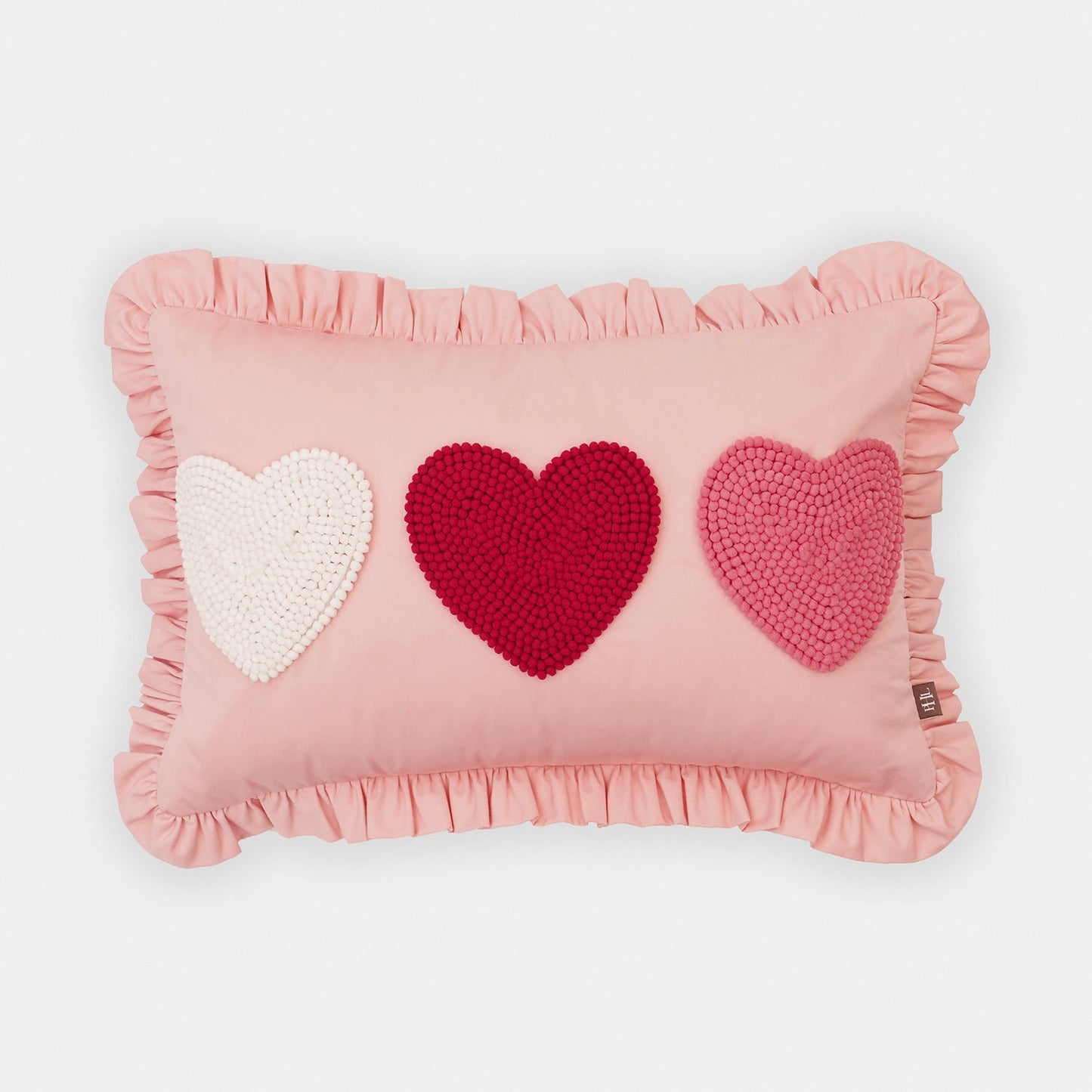 Pink Heart Applique Ruffled Cotton Cushion Cover