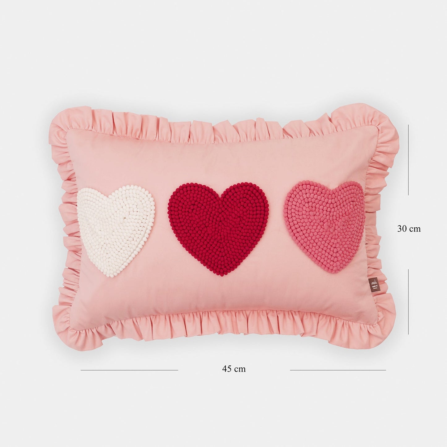 Pink Heart Applique Ruffled Cotton Cushion Cover