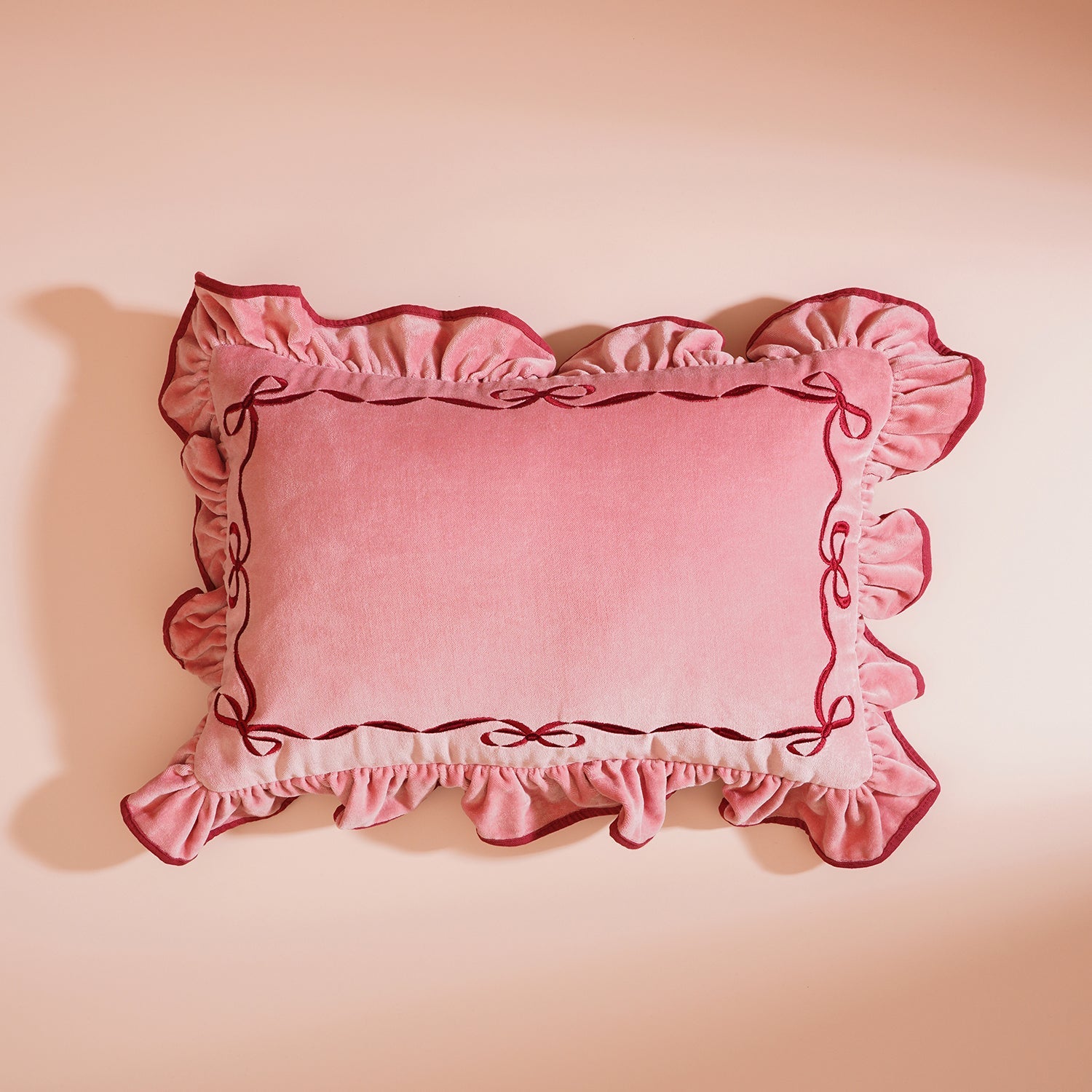 Pink Bow Applique Ruffled Cushion Cover