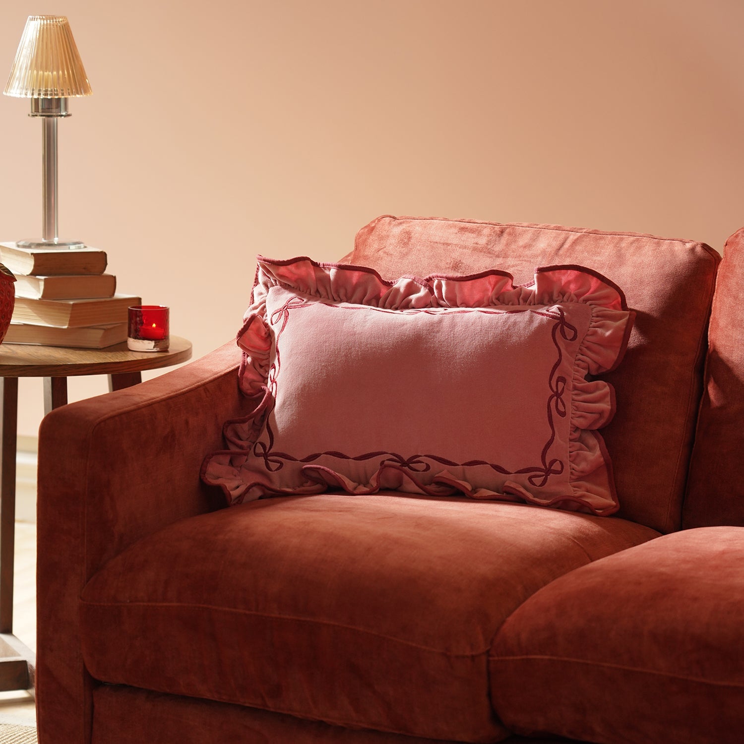 Pink Bow Applique Ruffled Cushion Cover