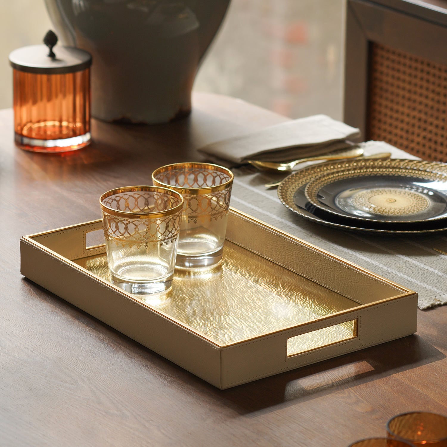 Ivory Faux Leather Hammered Rectangle Serving Tray