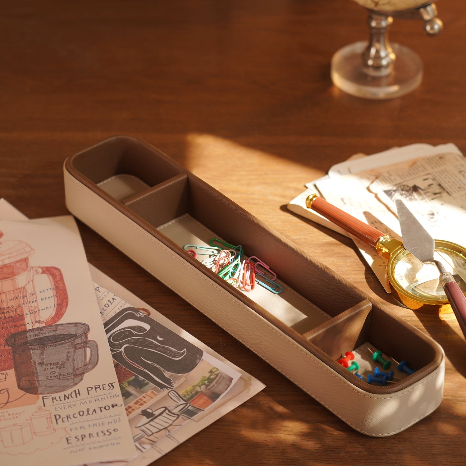 Beige Faux Leather Table Organiser