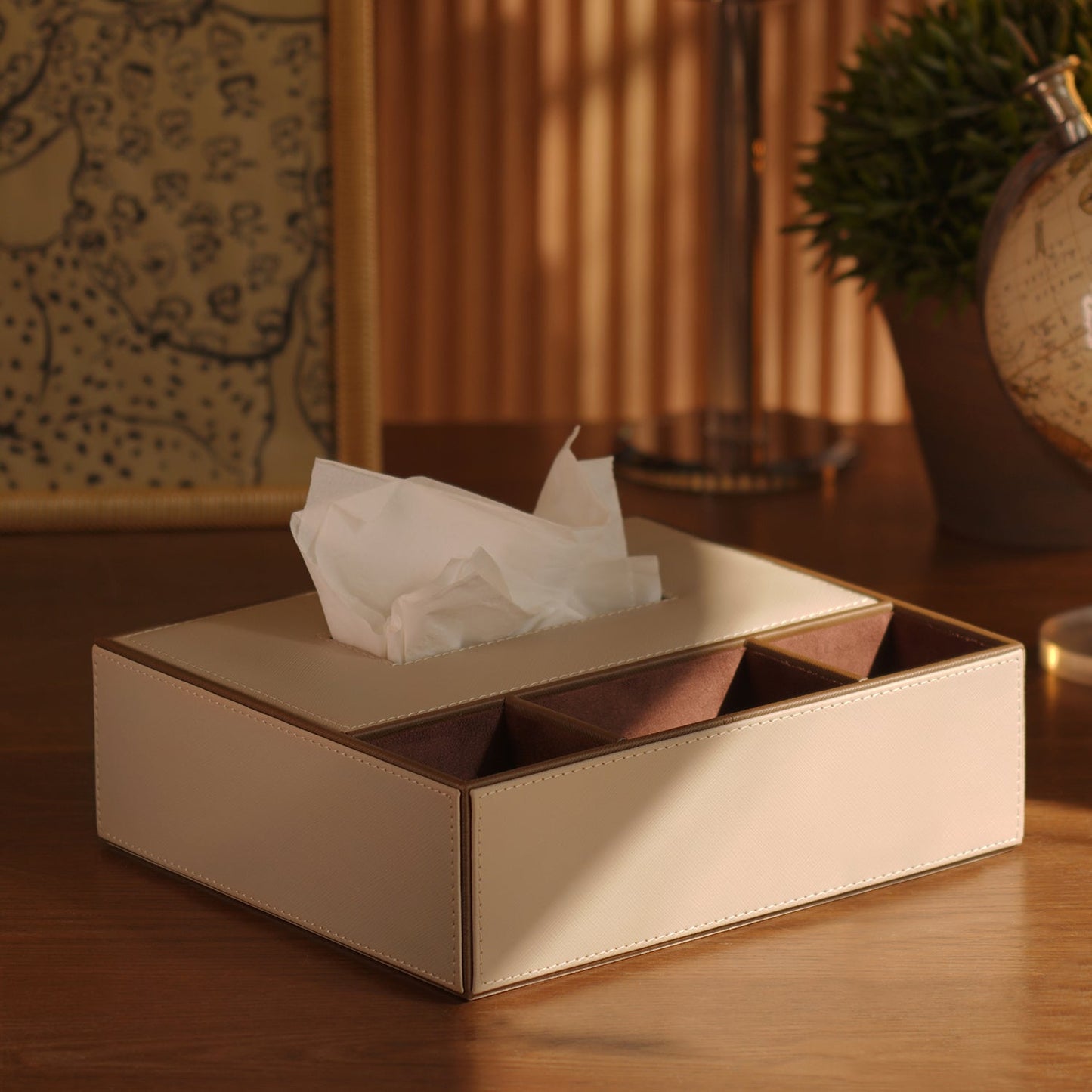 Beige Faux Leather Tissue Box with Organiser