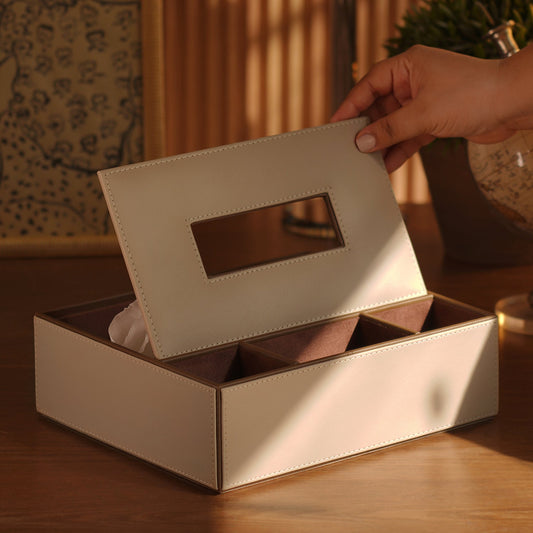 Beige Faux Leather Tissue Box with Organiser