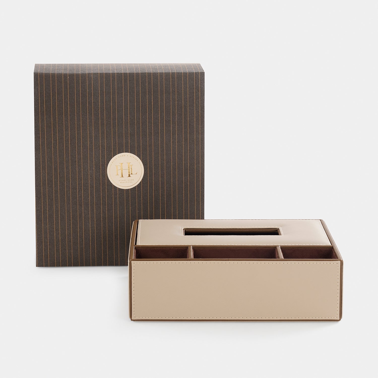 Beige Faux Leather Tissue Box with Organiser
