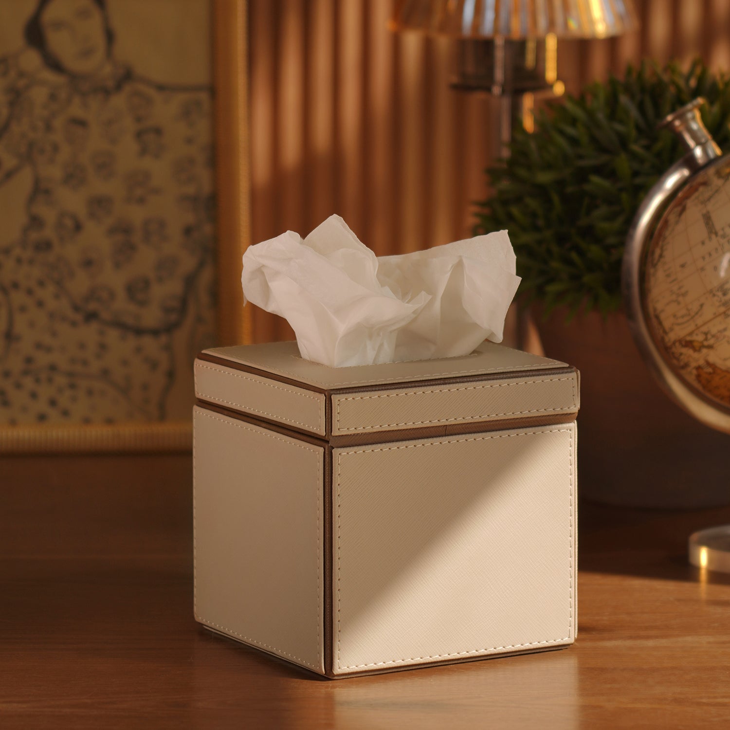 Beige Faux Leather Square Tissue Box
