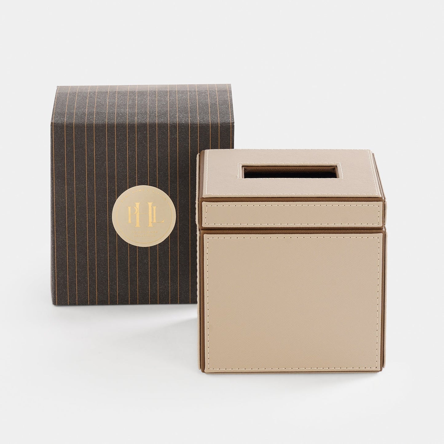 Beige Faux Leather Square Tissue Box