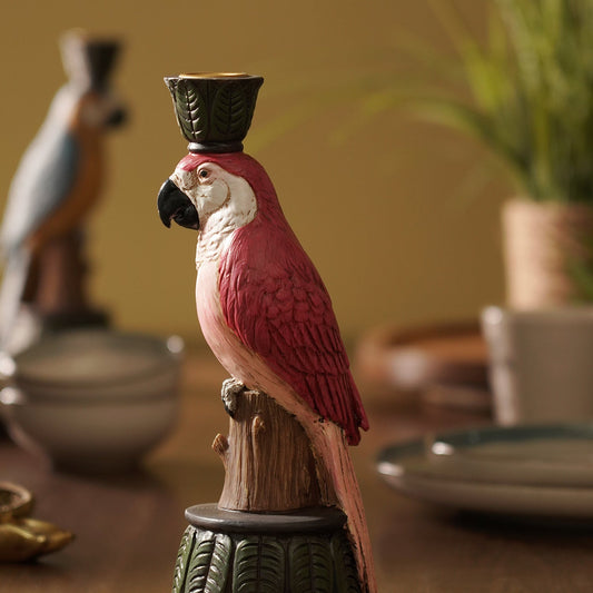 Red Pink Polyresin Macaw Candleholder