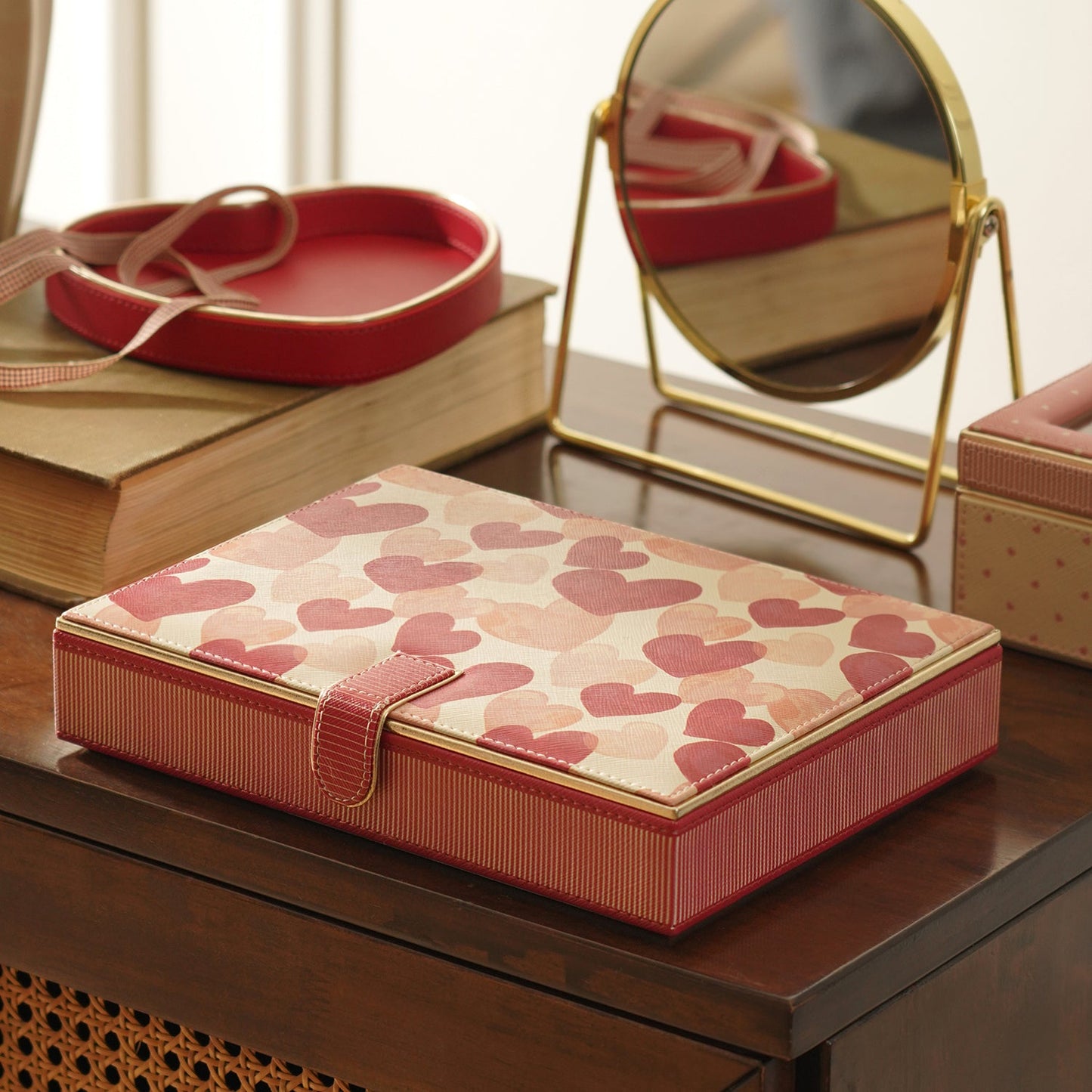 Pink Heart Print Faux Leather Jewellery Box
