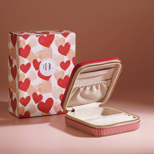 Pink Heart Print Faux Leather Travel Jewellery Box
