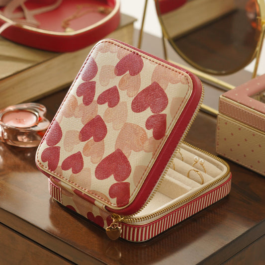 Pink Heart Print Faux Leather Travel Jewellery Box