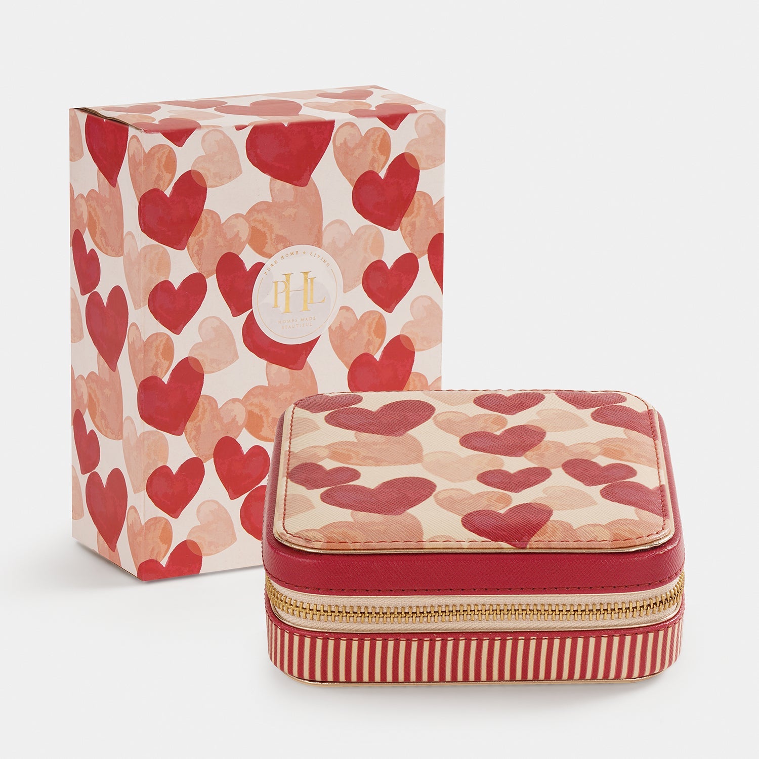 Pink Heart Print Faux Leather Travel Jewellery Box