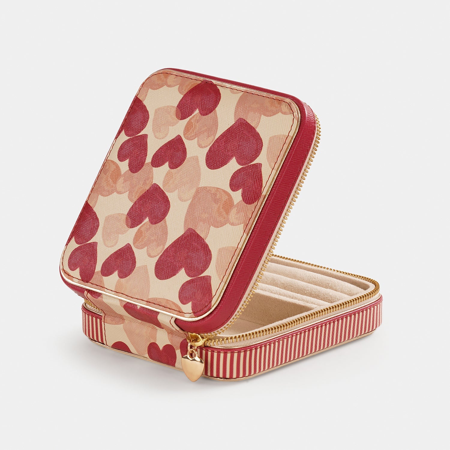 Pink Heart Print Faux Leather Travel Jewellery Box