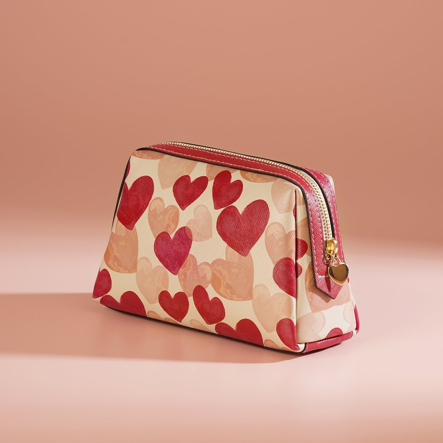 Pink Heart Print Faux Leather Vanity Pouch - Small