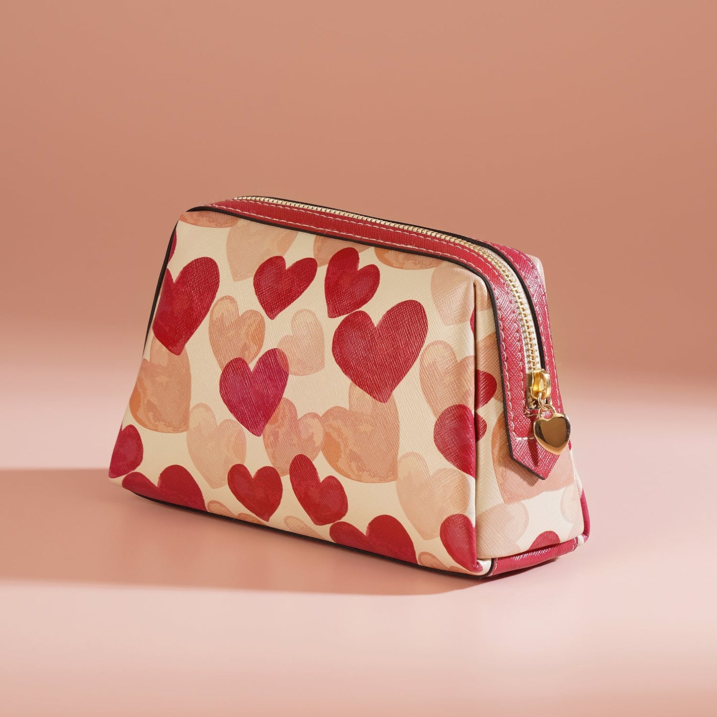 Pink Heart Print Faux Leather Vanity Pouch - Large