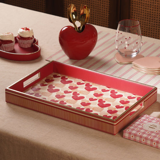 Pink Big Heart Print Faux Leather Rectangular Tray