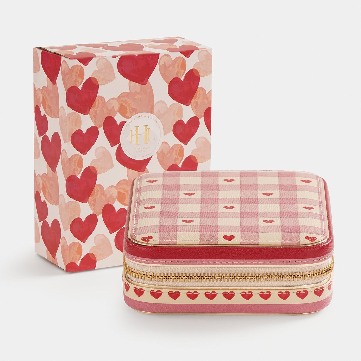 Pink Red Heart Print Faux Leather Zippered Jewellery Box