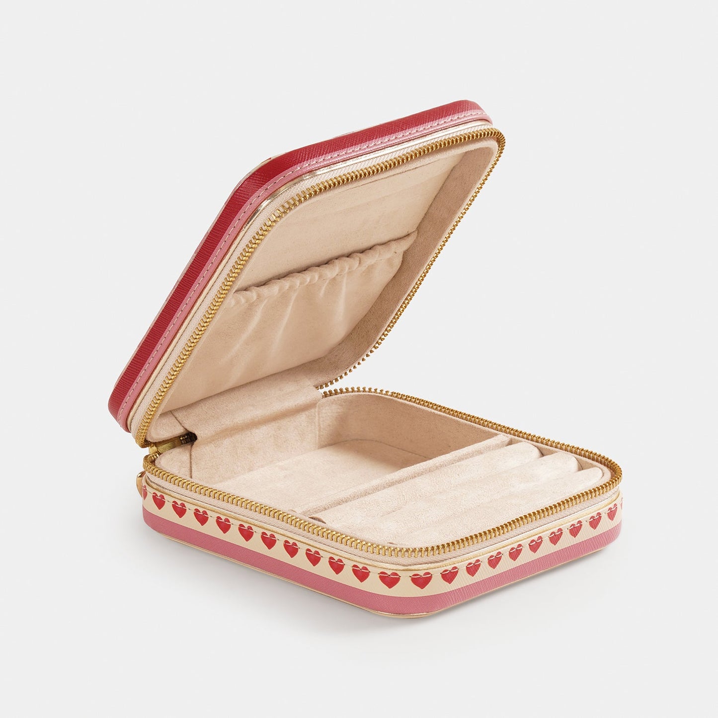 Pink Red Heart Print Faux Leather Zippered Jewellery Box